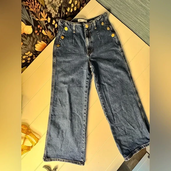Zara Sailor Denim Jeans US 6 Wide Leg High Waist EUC - Picture 10 of 13